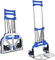 MAXBROTHERS Folding Trolley Shopping Cart with Stretchable Expansion Base, Folding Compact Aluminium Hand Truck with 2 Wheel, Max Load 175lbs Folding Trolley for Shopping, Business Travel (Blue)