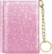 [Simikol] Trifold Womens Wallet Small Slim RFID Blocking Card Wallet Cute Credit Card Holder Leather Mini Purse with Long Cash Pocket and Keychain, Glitter Peach, Casual