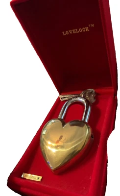 80's Brass Lovelock 2 1/4” Heart Shaped Padlock Set with 2 Keys NOS