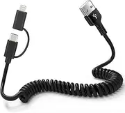 USB to USB C and Lightning Cable - Support Apple Carplay & Android Auto Cable [MFi Certified] 3A Fast Charge & Data Sync Coiled Dual Lightning and USB C Cable 2 in 1 for iPhone 16/15/14/13/12/Android