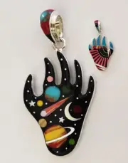 CELESTIAL MULTICOLOR TURQUOISE SPINY SATURN COMET INLAY .925 SILVER PAW PENDANT