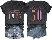 [EXMIUN] Vintage 1975 T-Shirt for Women 50th Birthday Gift Shirts Funny Flower Graphic Retro Birthday Casual Tee Tops