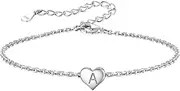 [Silvora] Initial Bracelet for Women Sterling Silver Heart Charm Bracelets Tiny Letter Pendant Hand Jewellery Adjustable 6.3"+2"