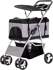 Foldable Pet Travel Stroller, Detachable Pet Stroller with Cup Holder Storage Basket, Portable Breathable Dog Cat Trolley Pet Carrier