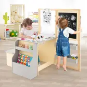 CostwayKids Art Table &amp; Bench Set with Double-Sided Adjustable Easel-Grey