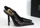 New sz 9.5 / 40 Saint Laurent Black Lee Croc Embossed Pointed Toe Slingback Shoe