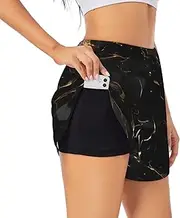 [WURTON] Black Gold Marble Print Exercise Gym Workout Shorts Women's Athletic Shorts Dual-Layered Yoga Running Shorts