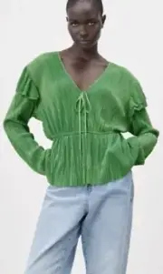 Zara Ruffle Sleeve Pleated Tie V-neck Blouse Emerald Green Size Small NWT