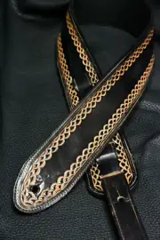 Leather guitar strap custom tooled hand made "Borders style" washed black