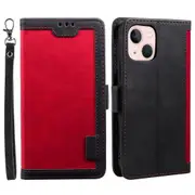 For iPhone 15 Plus Wallet Phone Case Color Splicing Retro Flip Stand Cover with Wrist Strap
