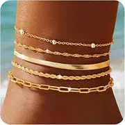[Gokeey] Gold Anklets for Women, Waterproof 14k Gold Plated Paperclip Herribone Cable Beaded Cuban Link Chain Anklets Set, Summer Beach Boho Jewelry Adjustable Size