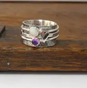 Solid 925 Sterling Silver Spinner Ring with Opal Stone Amethyst & Heart Jewelry