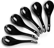 Asian Soup Spoons Set, Ceramic Chinese Soup Spoons, Black Japanese Spoon for Cereal Stews Ramen Pho Wonton Dumpling Miso, 6PCS