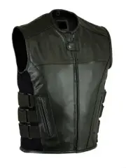 Motorcycle biker SWAT style men's leather vest with two gun pockets