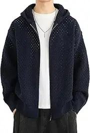 [JEShifangjiusu] Mens Hooded Cardigan Zip Sweater Lightweight Breathable Knitwear Casual Loose Ribbed Cuffs Hem Knit Coat