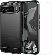 TPU Cover for Google Pixel 9 Pro XL + 2 HD Tempered Glass, Carbon Fiber Shell Bumper Protective Back Case - Anti-Scratch Screen Protector for Google Pixel 9 Pro XL (6,8") - Black