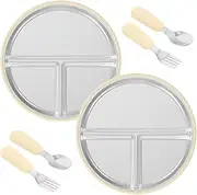 RdjEokf Silicone Baby Feeding Set, Stay Put Divided Dish Feeding Plates, Baby LED Weaning Supplies Self Feeding Utensils, Unbreakable Portable Non Slip, for Toddler Kids (Beige)