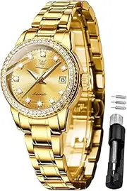 [OLEVS] Ladies Diamond Watches Automatic Mechanical Luxury Dress Classic Self Winding Stainless Steel Wrist Watch for Women（Gold/Blue/Black/White Dial）