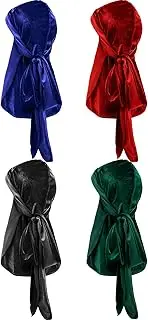[Tatuo] 4 Pieces Men's Velvet Durag with Long Tail Soft Durag Headwraps for 360 Waves (Color 1)