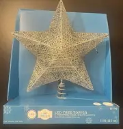 Holiday Time Silver Glitter LED 15" Star Tree Topper -Cool White Lights NIB