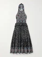 [Sea] Sea - Everly Ruffled Embroidered Floral-print Cotton Halterneck Midi Dress - Black - medium medium Black