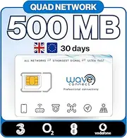 UK Quad Network Data Only SIM, 500MB/30 Days, 3/Three, EE, O2, Vodafone 4G LTE + 5G Prepaid, Activates On First Use, Includes European Coverage, For Unlocked IoT Devices, Security Cameras