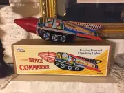 SPARKING SPACE COMMANDER ROCKET TIN Litho TOY friction motor
