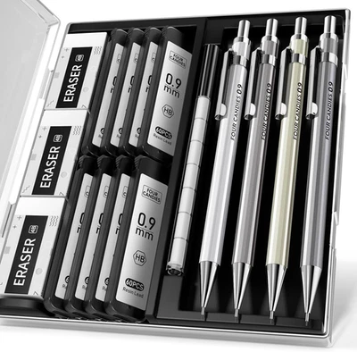 Metal Mechanical Pencil Set, 0.9Mm, 4 Pencils, 8 HB #2 Lead Refills, 3 Erasers