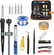[YVXUN] Electronics Soldering Iron Kit, 80W Adjustable Temperature Welding Tool With LCD Display, 16 in 1 Kit, On/Off Switch, Solder Wire, 5pcs Soldering Tips, Soldering Stand, Desoldering Pump