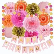 Pink Orange Birthday Party Decorations Fall Autumn Birthday Decoration Hot Pink Orange Gold Paper Fans Paper Pom Poms Lanterns Circle Dots Garland Happy Birthday Banner for Women Girls