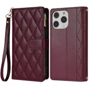 For iPhone 16 Pro Max Wallet Phone Case Stitching Leather Flip Cover with Straps