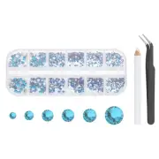 6 Sizes Glass Flatback Rhinestones with Tweezers Picking Pen, Blue