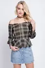 Women's Casual Plaid Button Front Off The Shoulder Peplum Top Super Cute Comfy