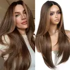 Brown and Blonde Highlight Wear and Go Glueless Wig with Bangs Layered Pre Pl...