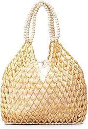 [Wabilu] Women Girls Retro Wood Beaded Handbag Ladies Natural Handmade Drawstring Bucket Shoulder Bags Party Beach Vacation Tote Purse