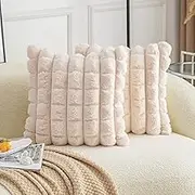 Neelvin Beige Faux Fur Cozy Soft Plaid Decorative Throw Pillow Covers 18x18 inch Set of 2,Velvet Pillowcase Cushion Case for Sofa Couch