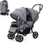 Foldable Tandem Stroller, Double Seat Baby Pram W/Adjustable Backrest, Push Hand