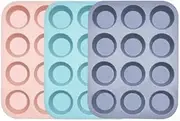 SHAMS 3PCS Pastel Large Muffin Tray 12 Cup Silicone Muffin Pan, Non-Stick Muffin Cupcake Tin, Baking Mould for Muffins or Cupcakes, Bakeware Pink Blue Grey
