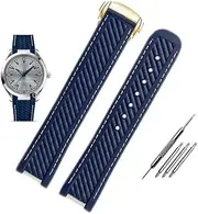 AEMALL 20mm Watchband Curved End Silicone Rubber Watch Band with Metal for Omega Strap Seamaster 300 Aqua Terra AT150 8900 + Tools (Color : Blue Gold Buckle, Size : 20mm)