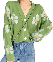 [Meladyan] Women’s Flower Knit Loose Cardigan Button Long Sleeve V Neck Crop Sweater Cardigan Tops