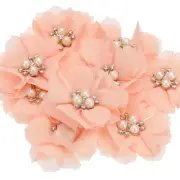 2.36 Inch Rhinestone Chiffon Flower, 10 Pcs Fabric Appliques, Peach Pink