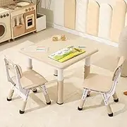 SINKIPA Kids Table and 2 Chairs Set, 23.6''L x 23.6''W Toddler Table and Chairs, Height Adjustable Kids Study Table for Ages 2-10, Graffiti Desktop Children Activity Table with Anti-Slip Foot Covers