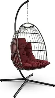 SereneLife Hanging Egg Chair with Stand - Up to 250 kg of Capacity - Beautiful Swinging Basket Chair with Base Made from Wicker Rattan and Powder-Coated Steel Frame - Egg Swing Chair with Stand