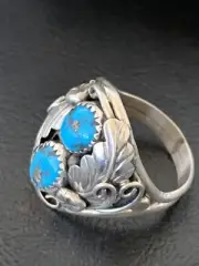 Mens Kingman Turquoise Feather Navajo Sterling Silver Ring Size 10.5 12219