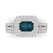 1.7 Emerald Round Cut Halo London Blue Topaz Promise Bridal set 14k 2 tone Gold