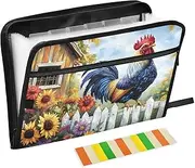 Quteprint 13 Pockets Expanding File Folder with Zipper Closure, Rooster Flowers Art Painting Accordion File Folder with Sticky Labels, Letter Size A4 Papers Expandable File Document Organizer