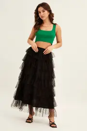 Black Midi Skirt Tulle Elastic Waist Mesh - Size 8, Women's Midi Skirt