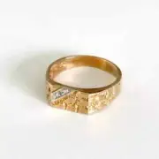 Solid 925 Sterling Silver Men's Nugget Textured Ring 14K Two Tone Gold Plated