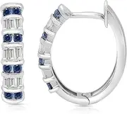 [Poshadime] 14k Gold Over Sterling Silver Hypoallergenic Huggie Hoops Earring for Women Sensitive Ears -1.65 Ct Round Cut Gemstone & Baguette Simulated Cubic Zirconia Ladies Hoop Earrings (1.62 Cttw), Metal, Sapphire Cubic Zirconia