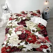 [LUVIVIHOME] 3PCS White Pink Red Burgundy Floral Duvet Cover Queen Bedding Sets, Shabby Chic Watercolor Vintage Flower Peony Rose Green Leaves Botanical Comforter Bedspread Quilt Cover, 2 Pillow Shams